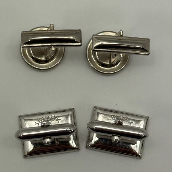 Fashion Rectangle and Round Silver Black Mens Cufflinks 2 Sets - Picture 6 of 7